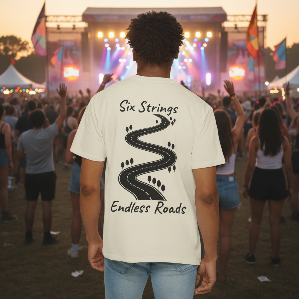 Six Strings, Endless Roads. Unisex T-Shirt